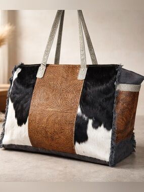Myra Cowhide Canvas Leather Weekender Bag • Western Boho Travel Duffle • Hair-on